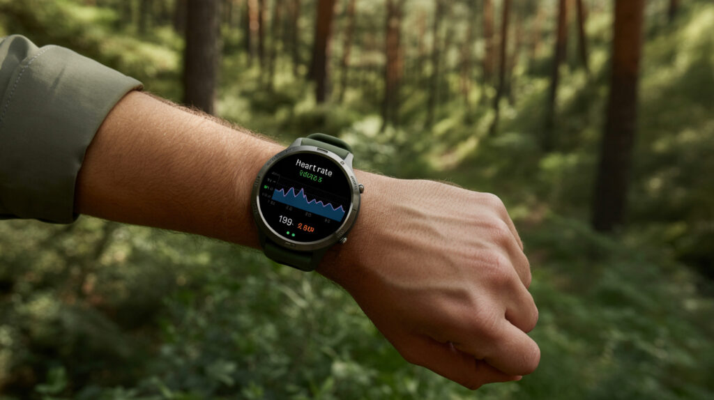 Smartwatch che mostra parametri fisiologici in montagna