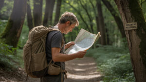Escursionista con mappa in un paesaggio montano